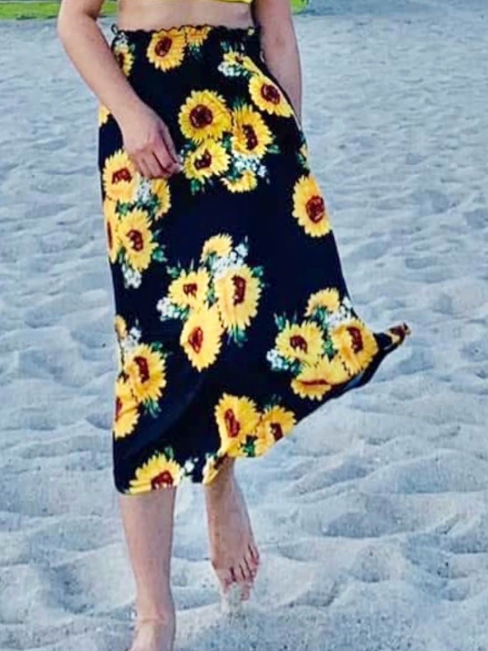 Women's Pleated Flowy Sunflower Retro Boho Floral Summer Midi Skirt
